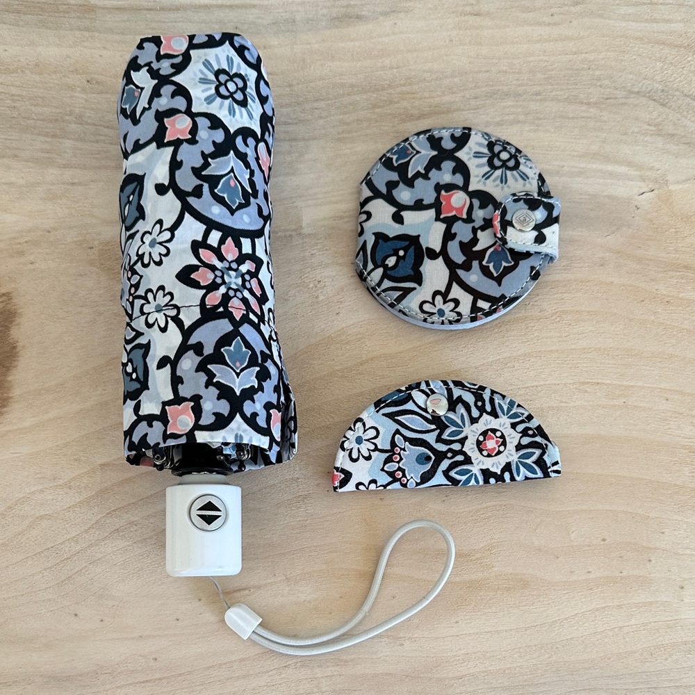 Vera Bradley Blue and Pink Patterned Umbrella, Compact and Key Cover Set